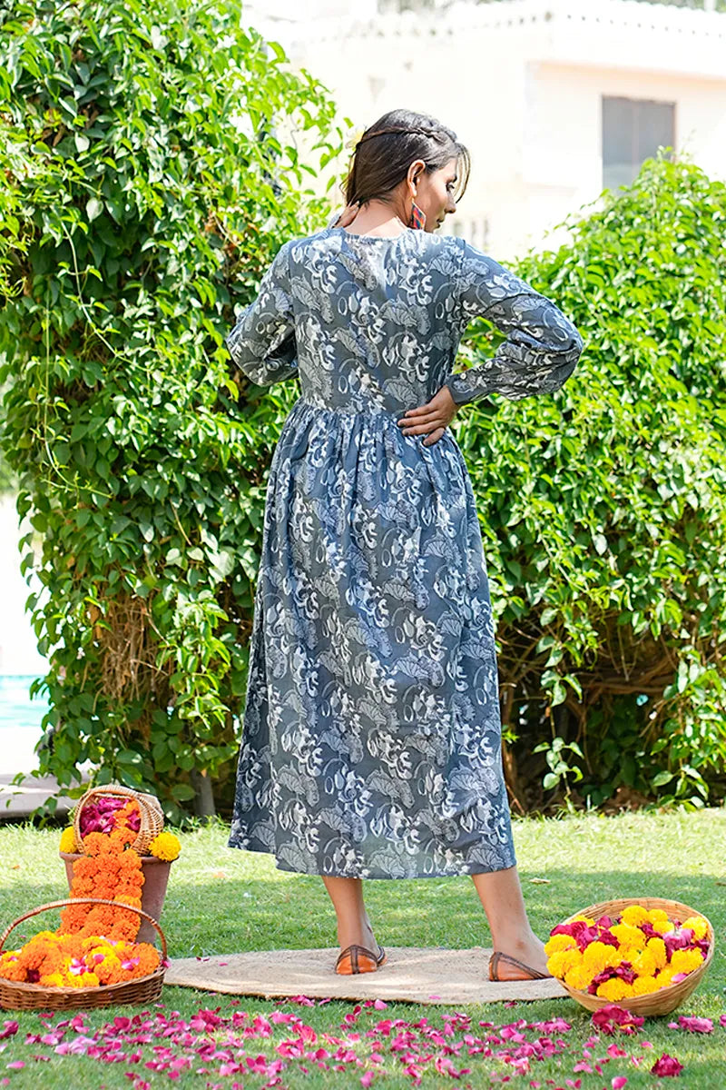 Grey Printed Long Dress With All Round Gather & Puffed Long Sleeves