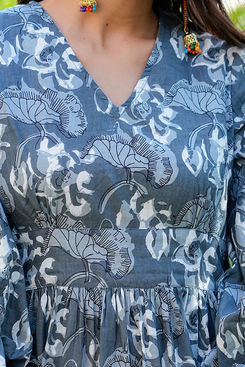 Grey Printed Long Dress With All Round Gather & Puffed Long Sleeves