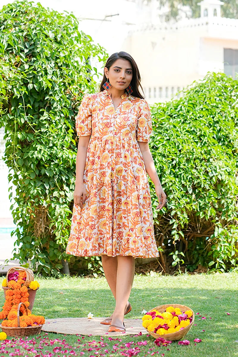 Mustard Floral Printed Tiered Fit & Flare Cinderella Dress