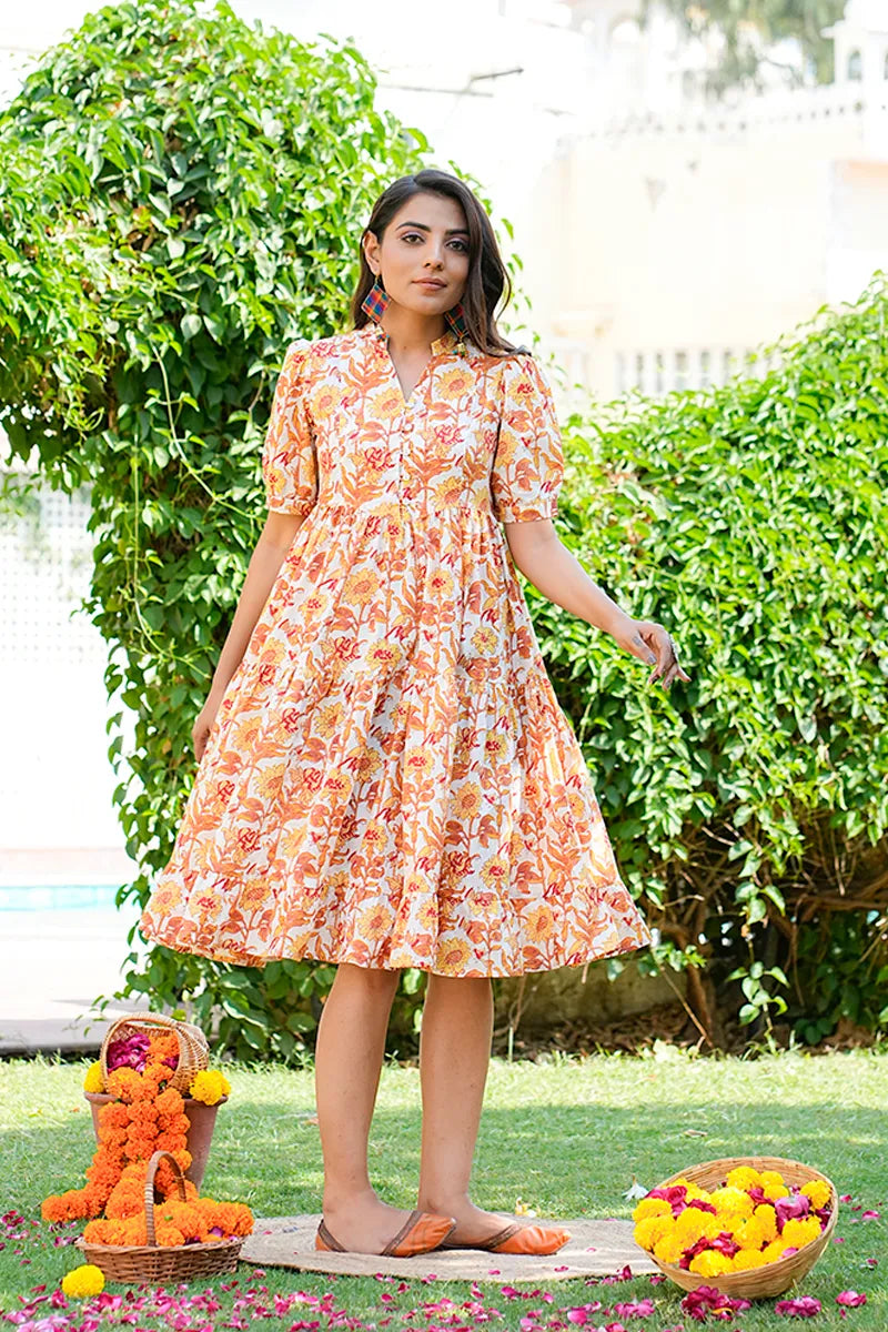 Mustard Floral Printed Tiered Fit & Flare Cinderella Dress