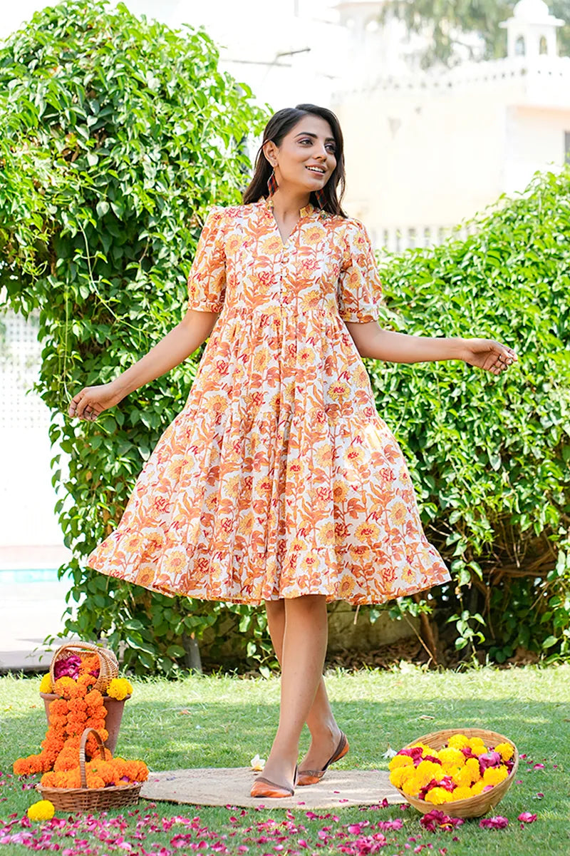 Mustard Floral Printed Tiered Fit & Flare Cinderella Dress