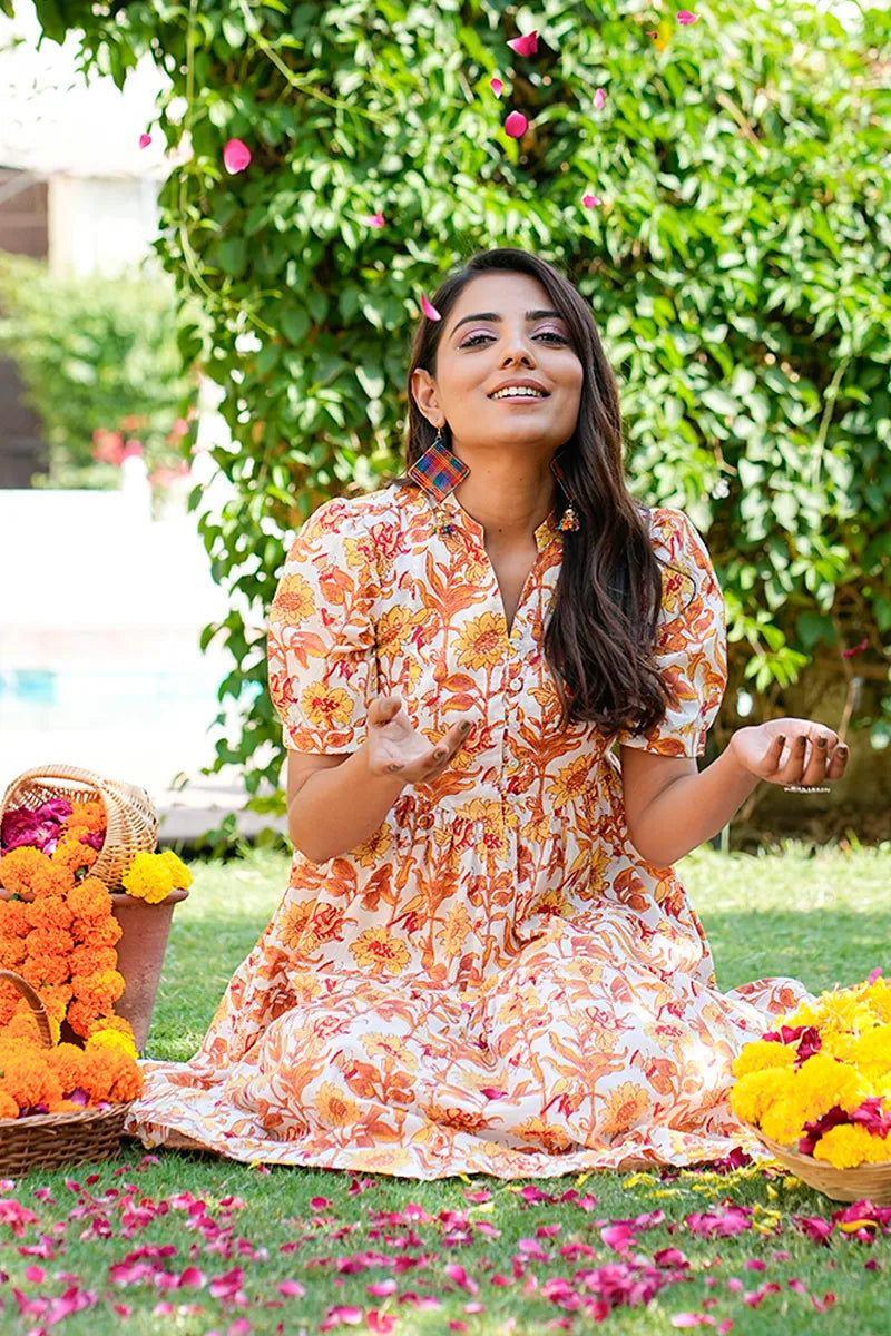 Mustard Floral Printed Tiered Fit & Flare Cinderella Dress