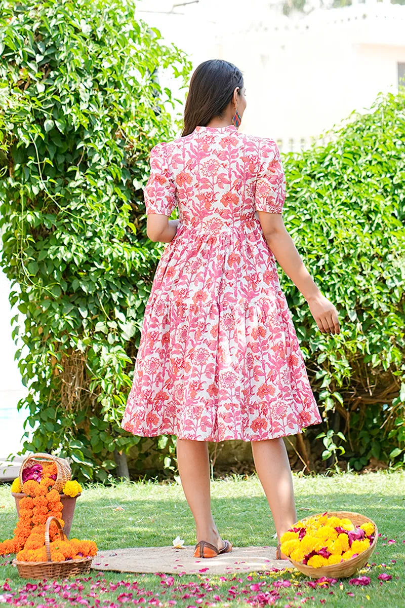 Pink Floral Printed Tiered Fit & Flare Cinderella Dress