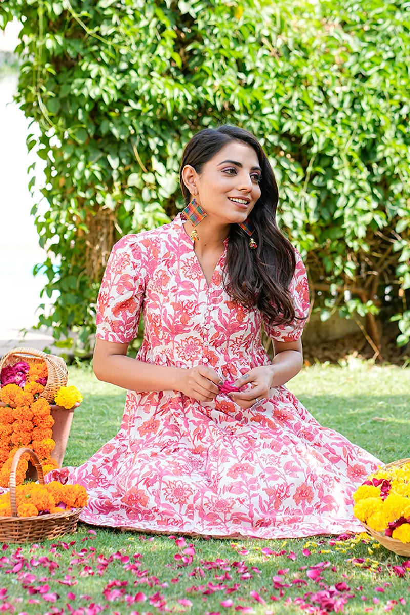Pink Floral Printed Tiered Fit & Flare Cinderella Dress