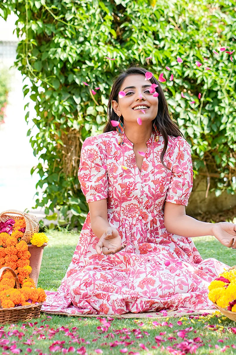 Pink Floral Printed Tiered Fit & Flare Cinderella Dress
