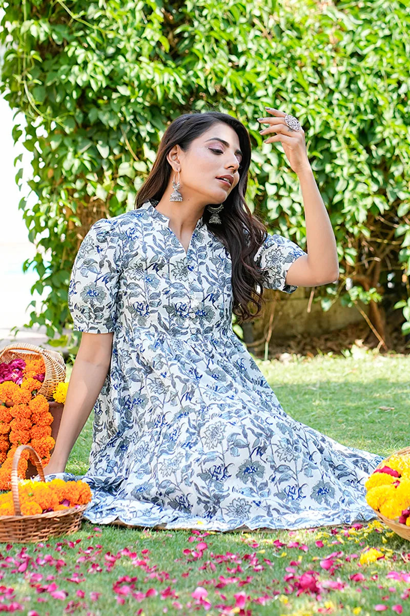 Grey Floral Printed Tiered Fit & Flare Cinderella Dress