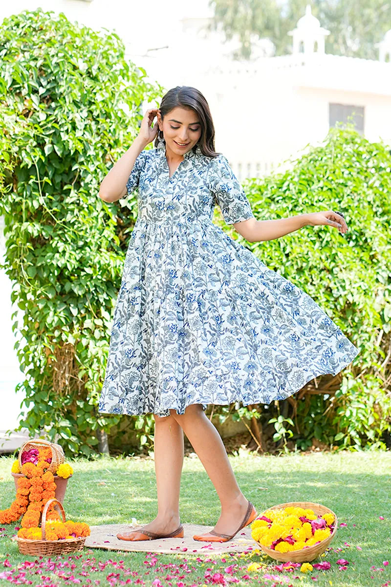 Grey Floral Printed Tiered Fit & Flare Cinderella Dress