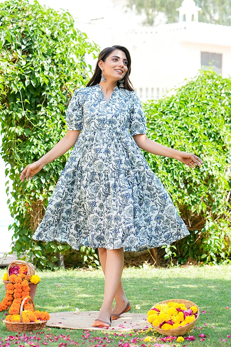 Grey Floral Printed Tiered Fit & Flare Cinderella Dress
