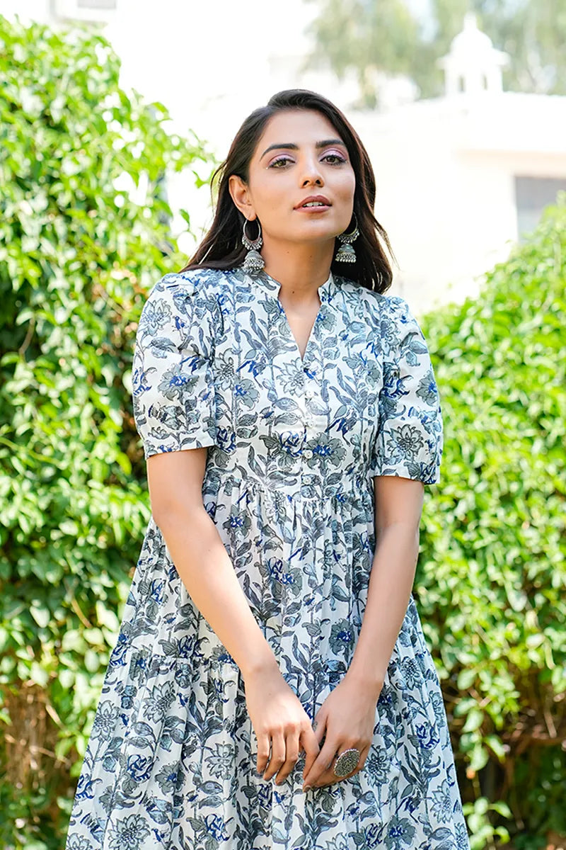 Grey Floral Printed Tiered Fit & Flare Cinderella Dress