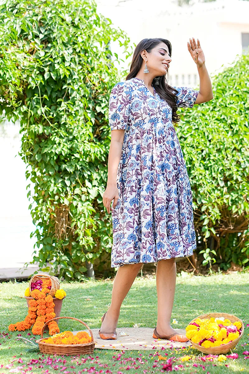 Blue Floral Printed Tiered Fit & Flare Cinderella Dress