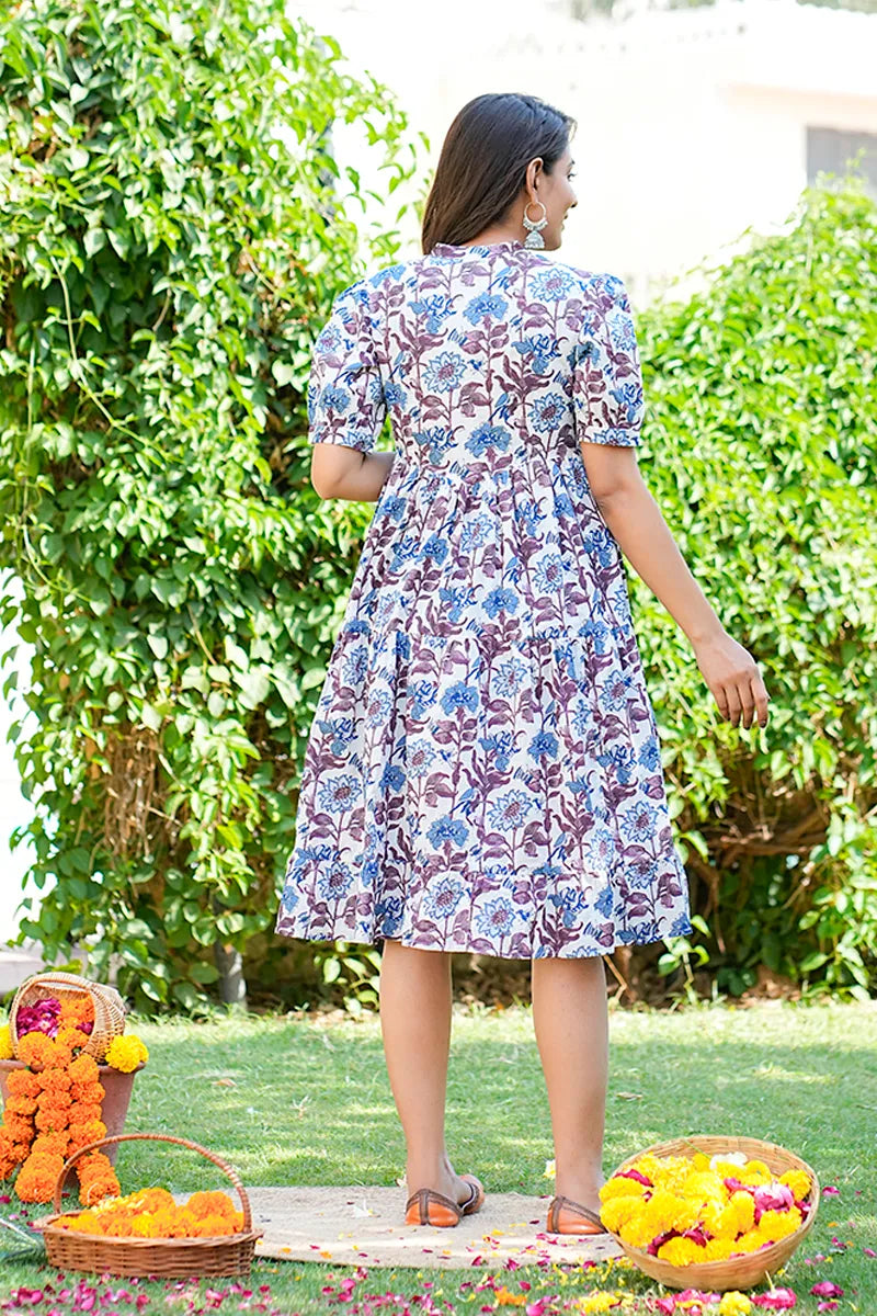Blue Floral Printed Tiered Fit & Flare Cinderella Dress
