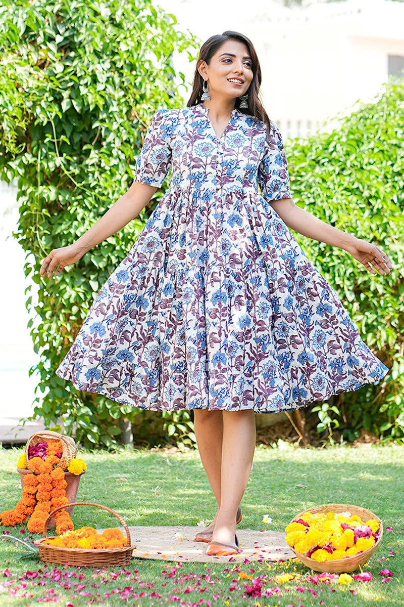 Blue Floral Printed Tiered Fit & Flare Cinderella Dress