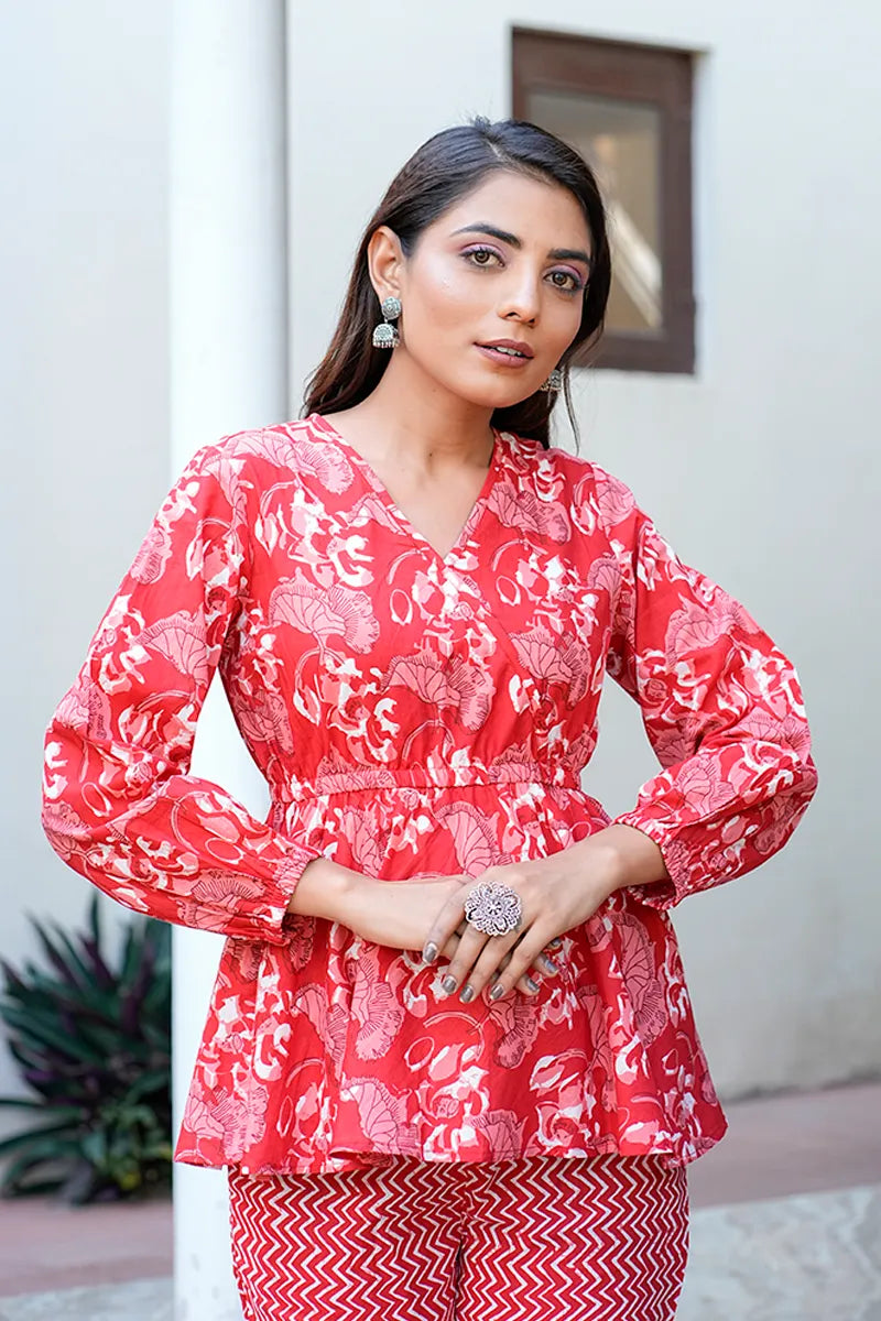 Red Hand Block Printed V- Neck Pure Cotton Top With Trouser (Co-ord Set)