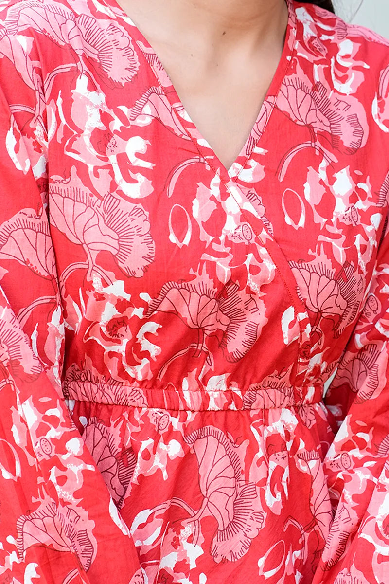 Red Hand Block Printed V- Neck Pure Cotton Top With Trouser (Co-ord Set)