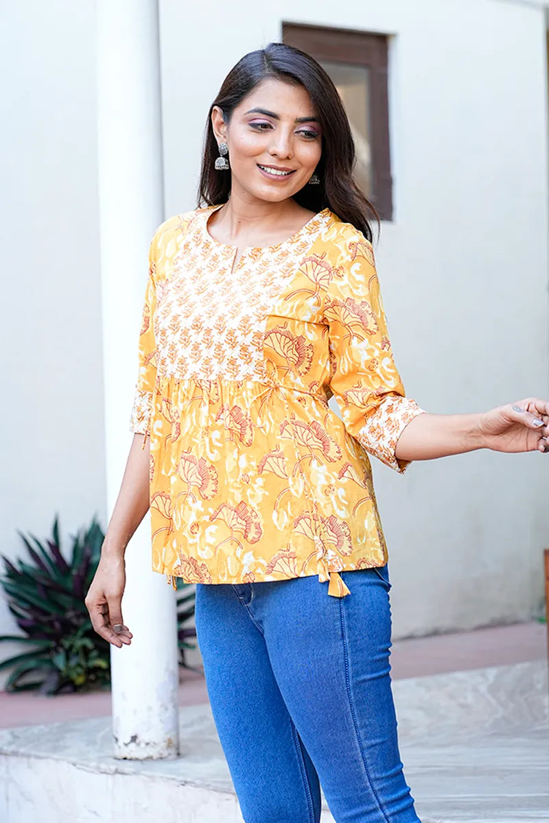 Mustard Hand Block Printed Jeans Top