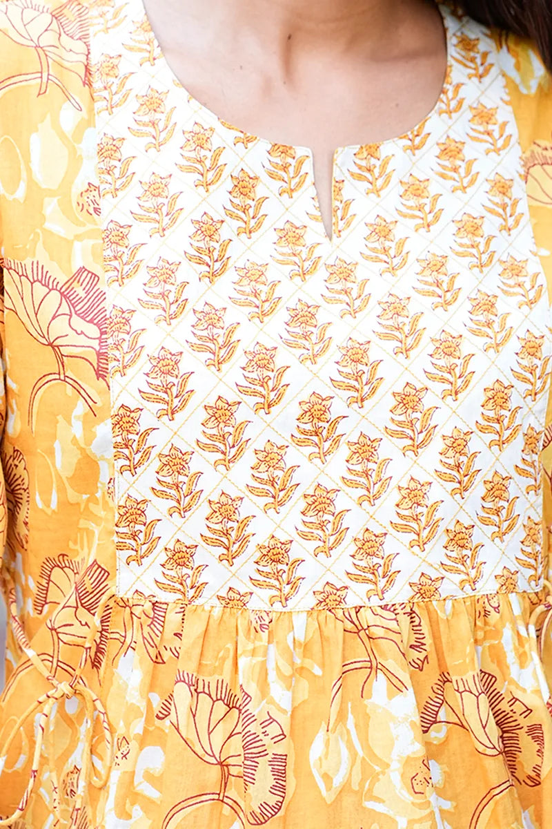 Mustard Hand Block Printed Jeans Top