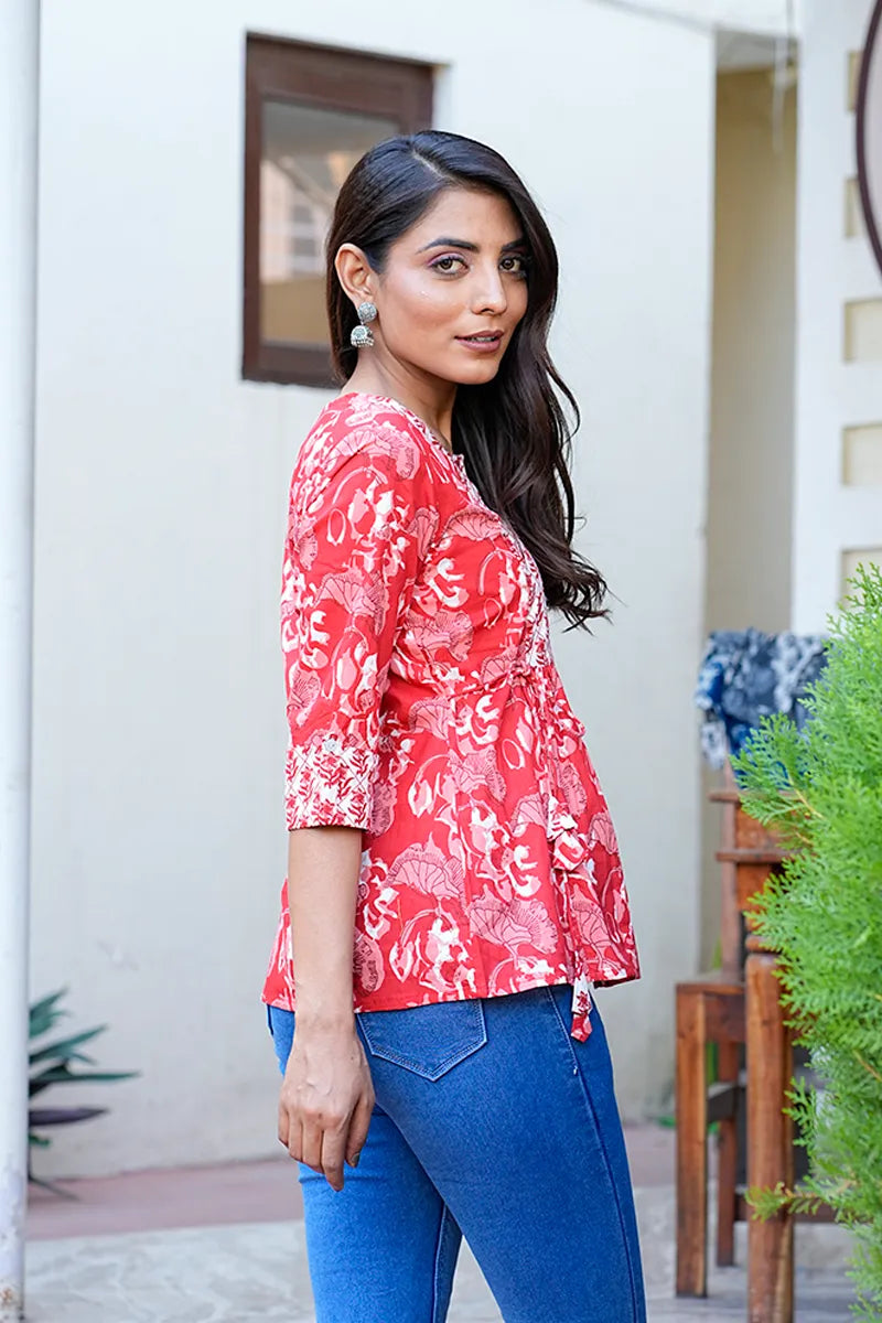 Red Hand Block Printed Jeans Top