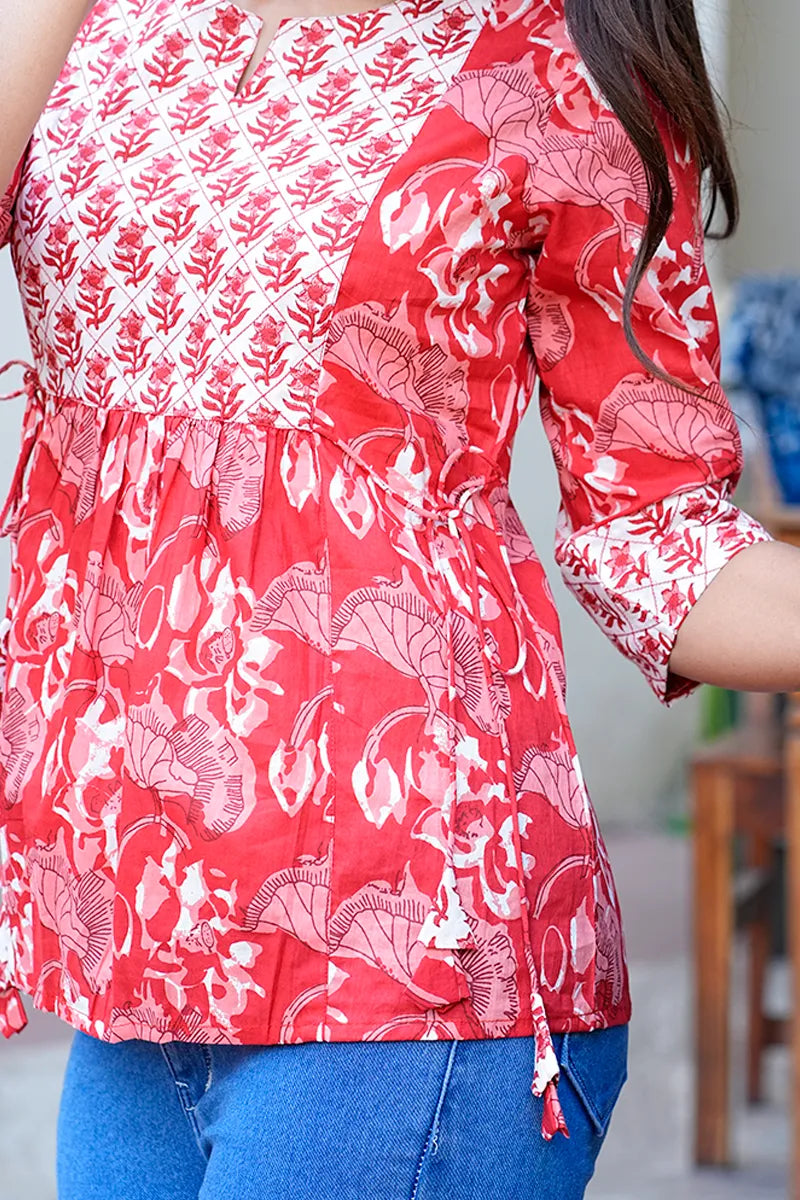 Red Hand Block Printed Jeans Top