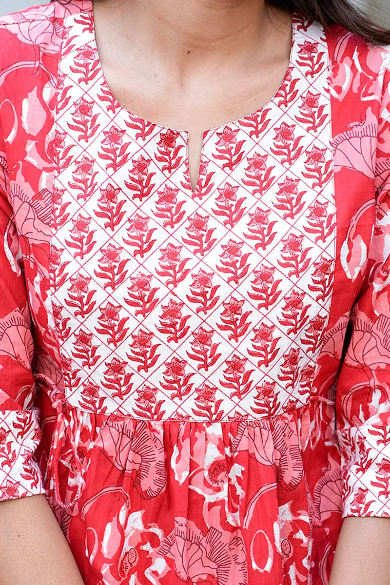 Red Hand Block Printed Jeans Top