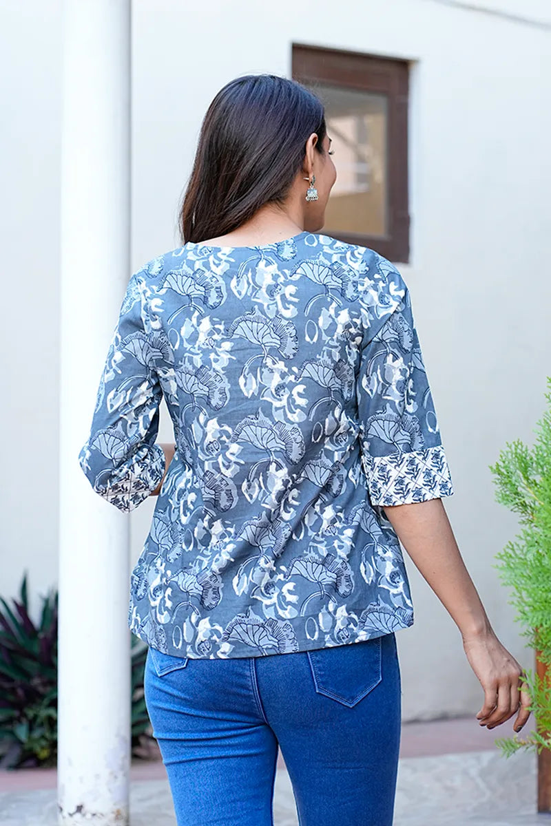 Grey Hand Block Printed Jeans Top