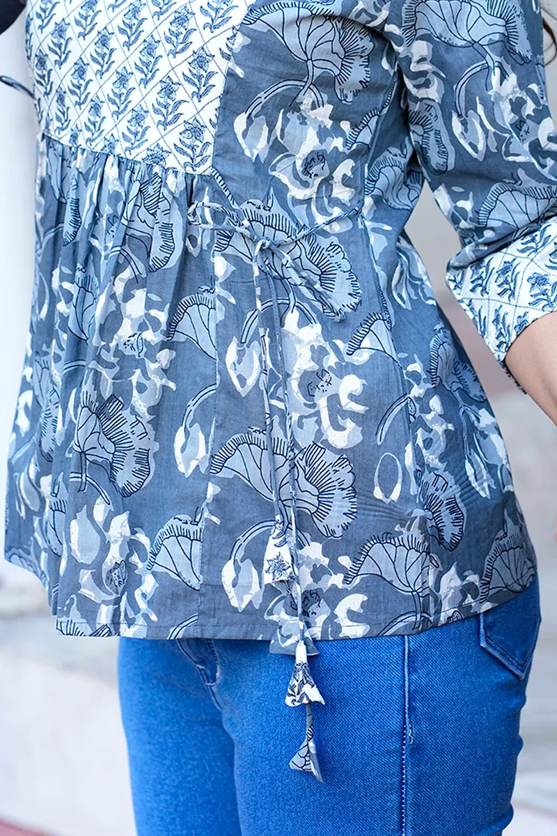 Grey Hand Block Printed Jeans Top