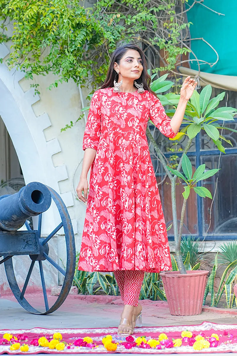 Red Anarkali Kurta With Trouser & Kota Doria Dupatta