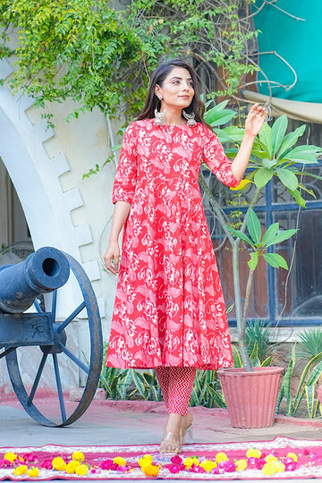 Red Anarkali Kurta With Trouser & Kota Doria Dupatta
