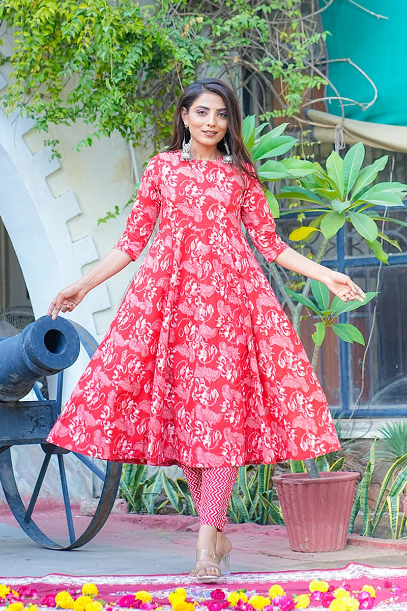 Red Anarkali Kurta With Trouser & Kota Doria Dupatta