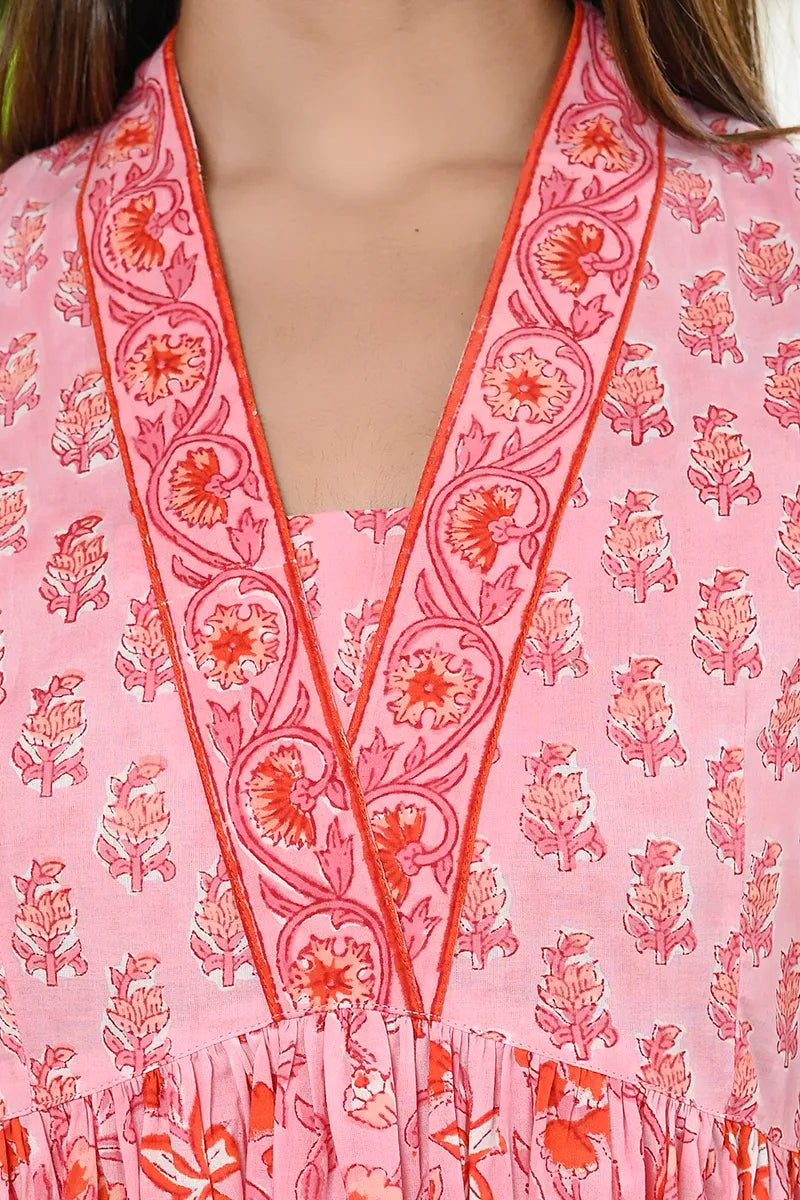 Pink Hand Block Printed V-Neck Midi Dress