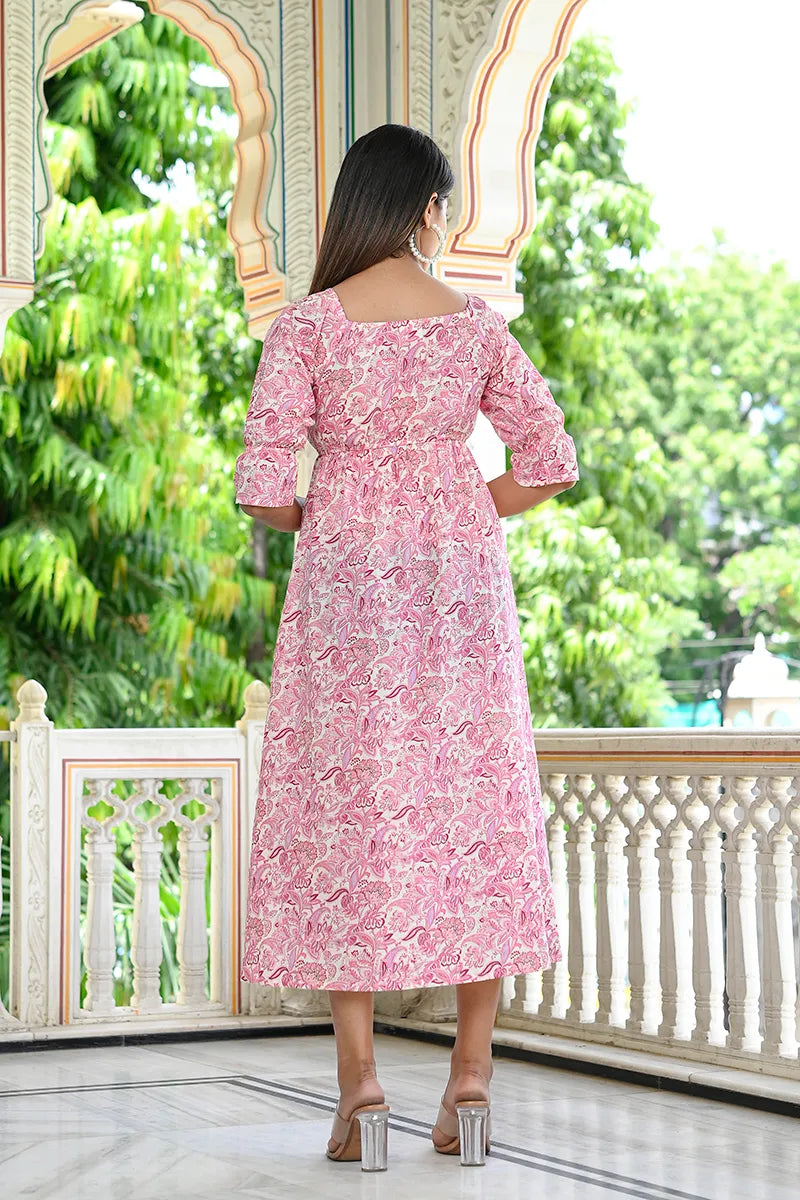 Pink Block Printed Square Neck Dress With Flared Hem And Front Bottom Slit