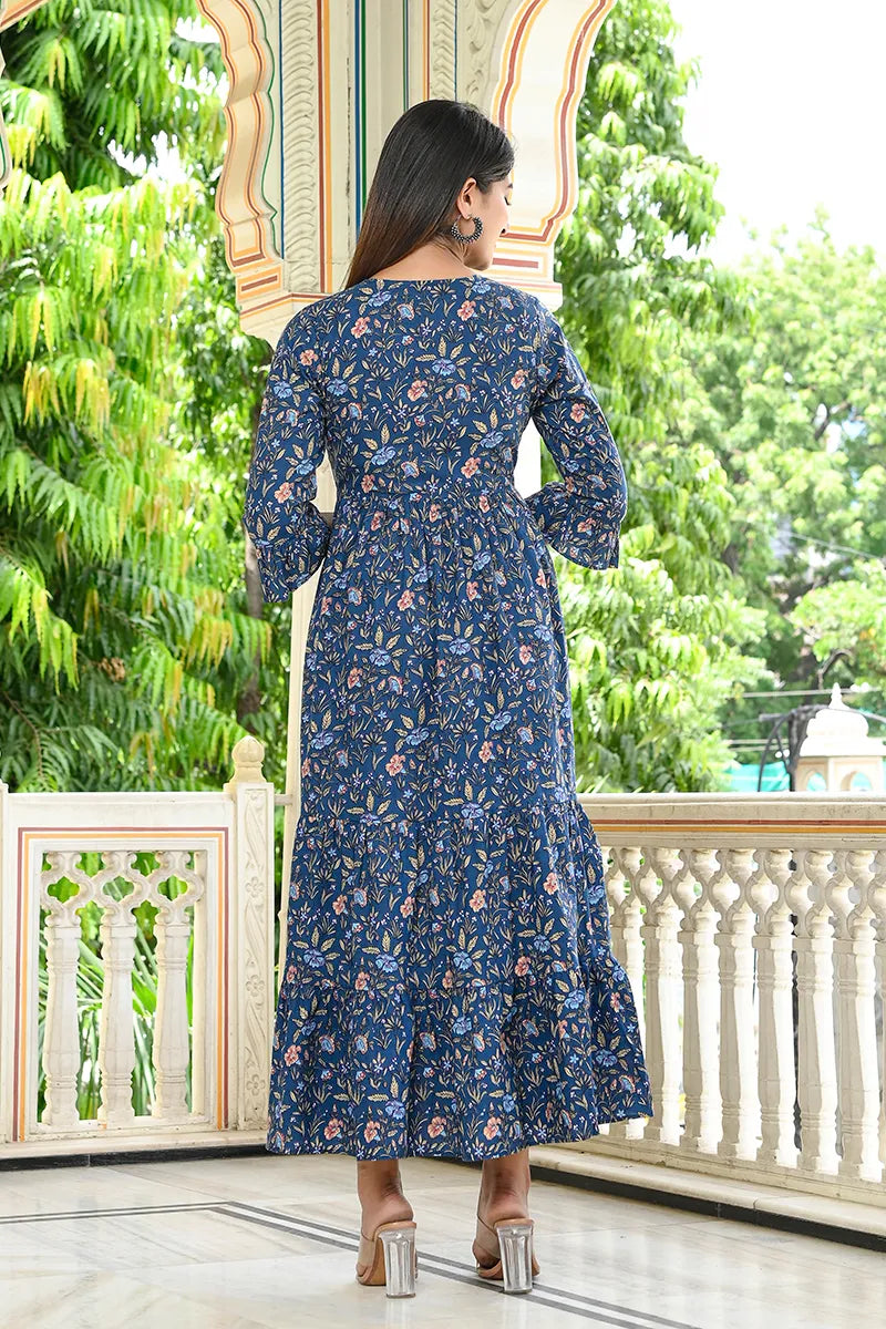 Navy Long Printed Tired Dress With Gather