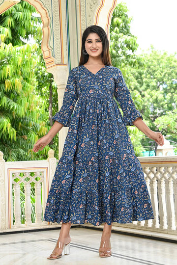 Navy Long Printed Tired Dress With Gather