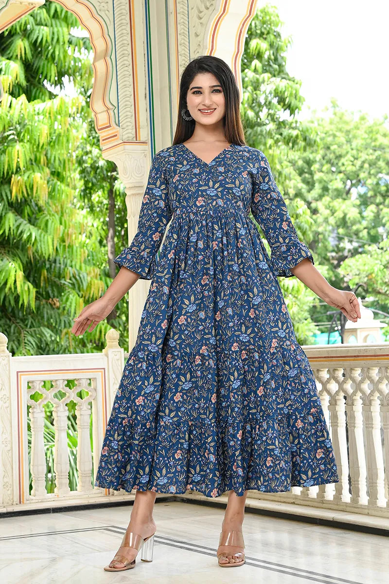 Navy Long Printed Tired Dress With Gather