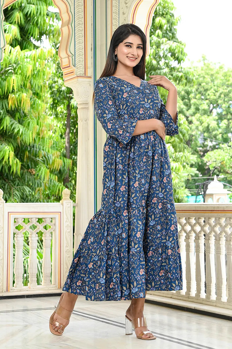 Navy Long Printed Tired Dress With Gather
