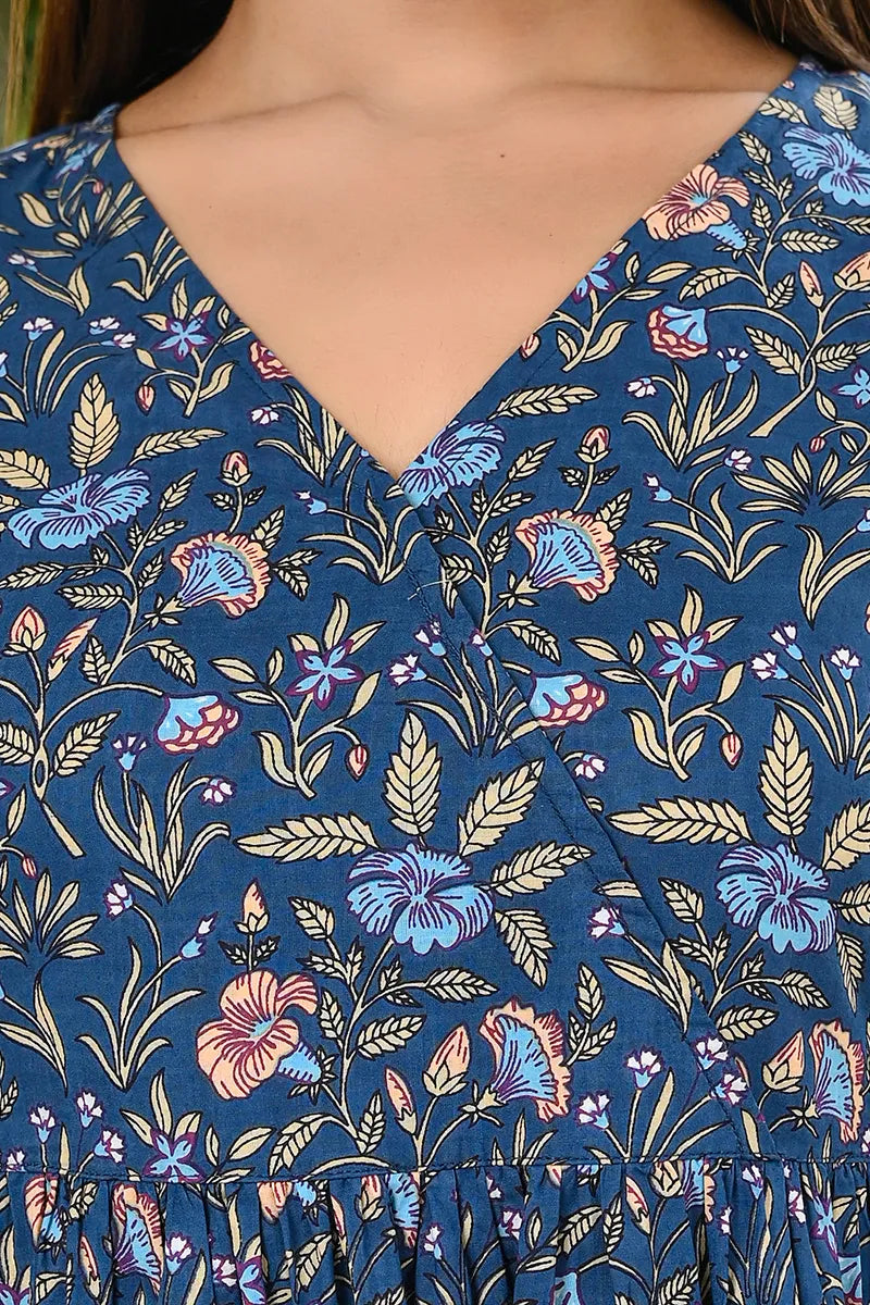 Navy Long Printed Tired Dress With Gather