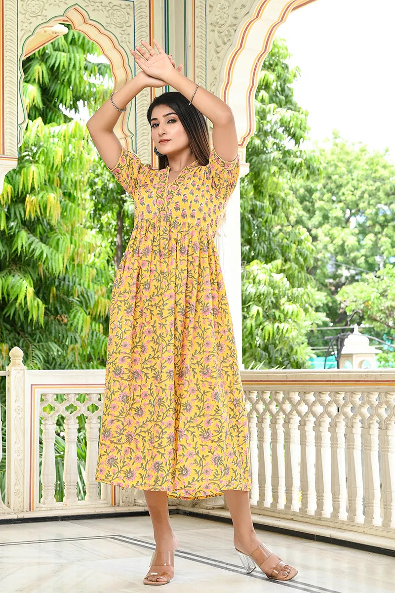 Yellow Hand Block Printed V-Neck Midi Dress