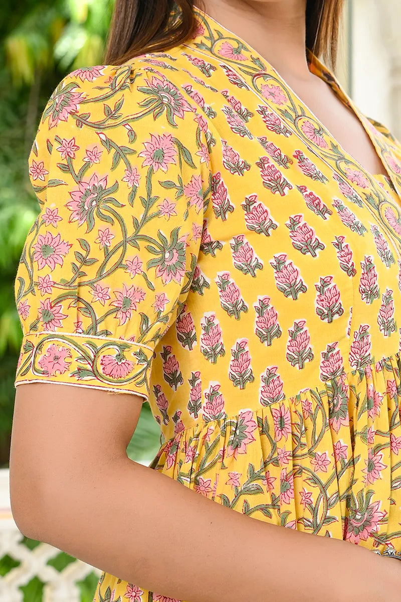 Yellow Hand Block Printed V-Neck Midi Dress