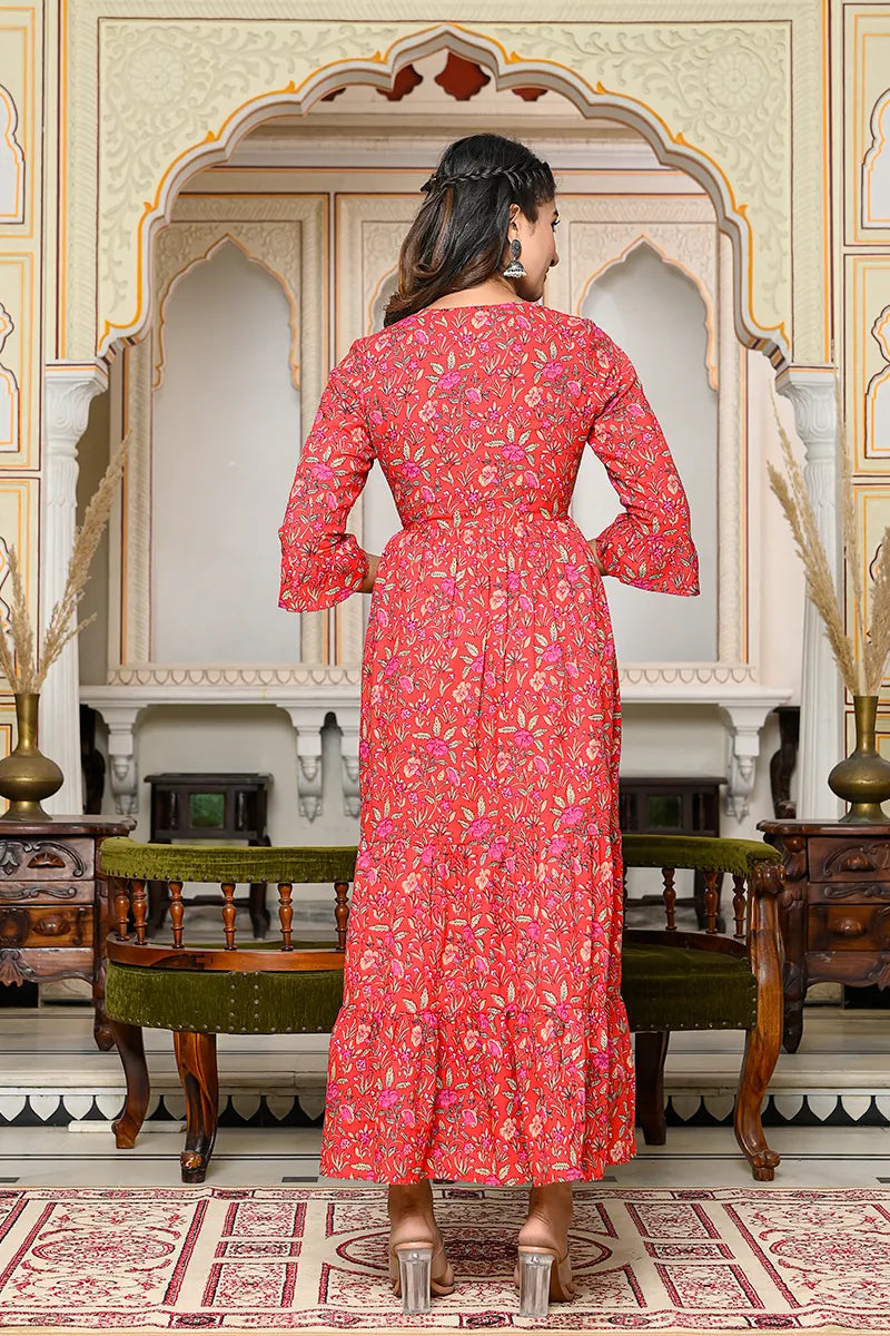 Red Long Printed Tired Dress With Gather