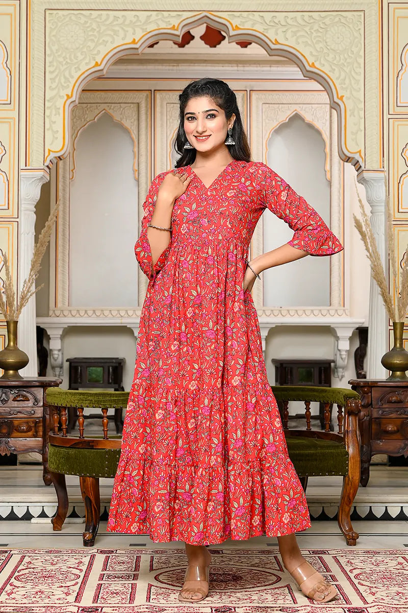Red Long Printed Tired Dress With Gather