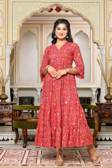 Red Long Printed Tired Dress With Gather