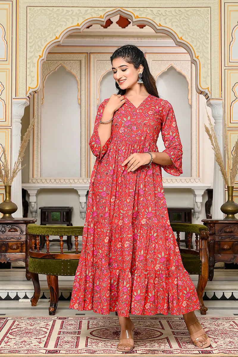 Red Long Printed Tired Dress With Gather