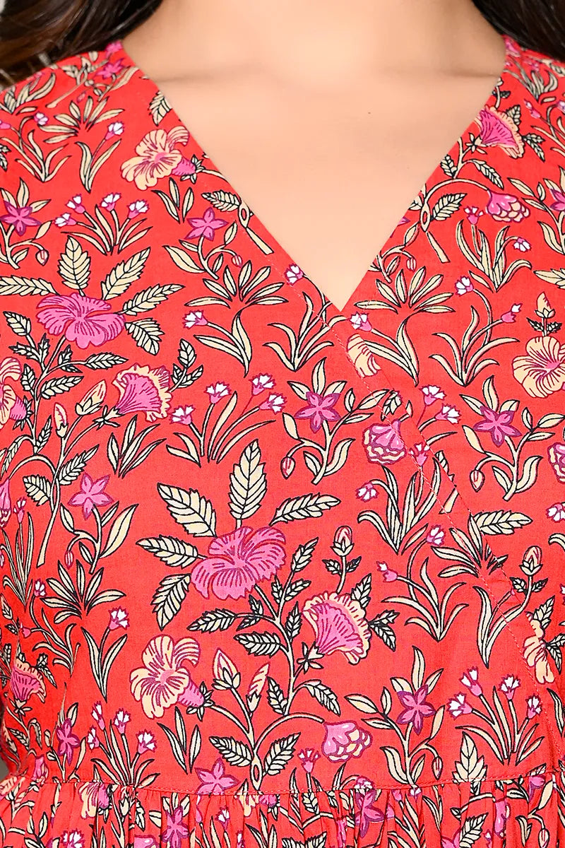 Red Long Printed Tired Dress With Gather