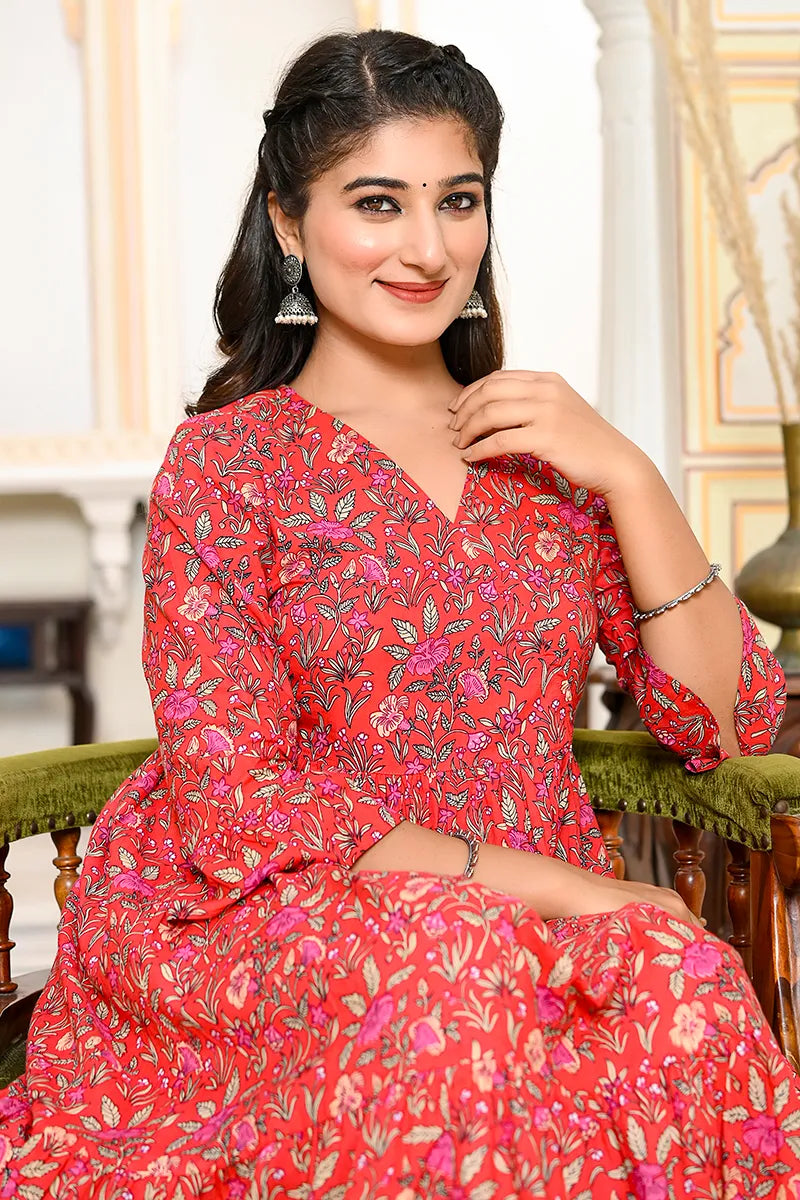 Red Long Printed Tired Dress With Gather
