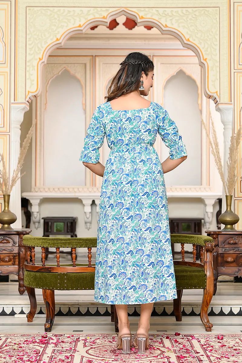 Sky Blue Block Printed Square Neck Dress With Flared Hem And Front Bottom Slit