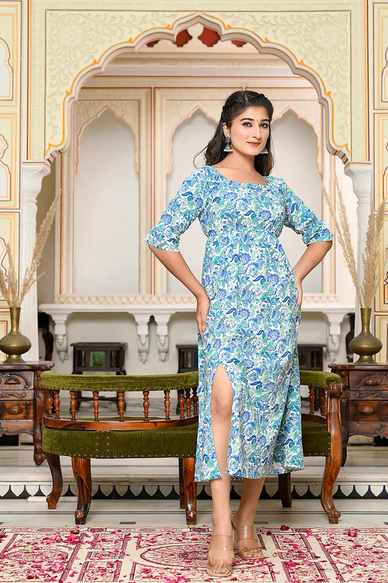Sky Blue Block Printed Square Neck Dress With Flared Hem And Front Bottom Slit