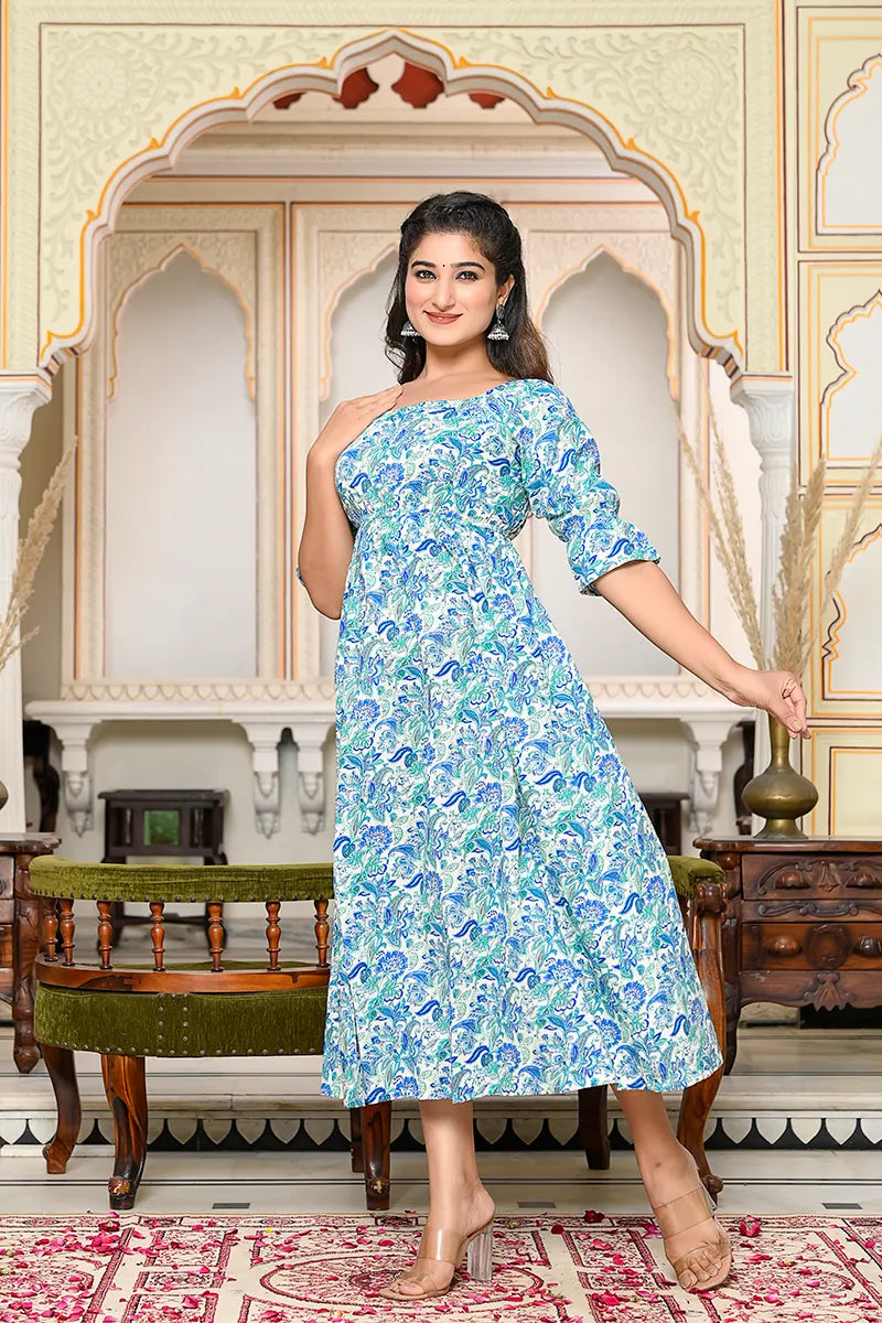 Sky Blue Block Printed Square Neck Dress With Flared Hem And Front Bottom Slit