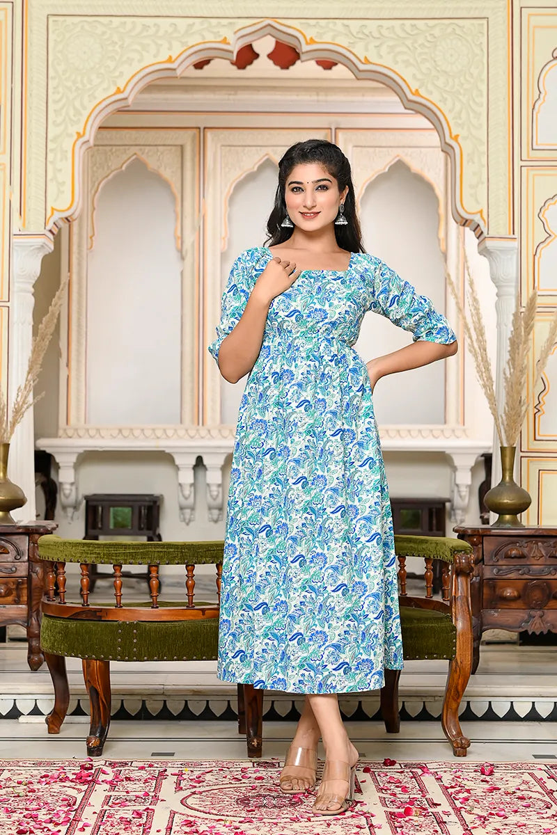Sky Blue Block Printed Square Neck Dress With Flared Hem And Front Bottom Slit