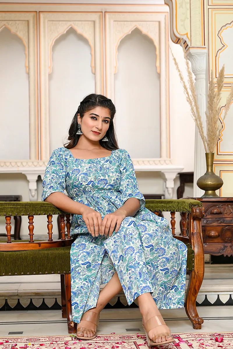 Sky Blue Block Printed Square Neck Dress With Flared Hem And Front Bottom Slit