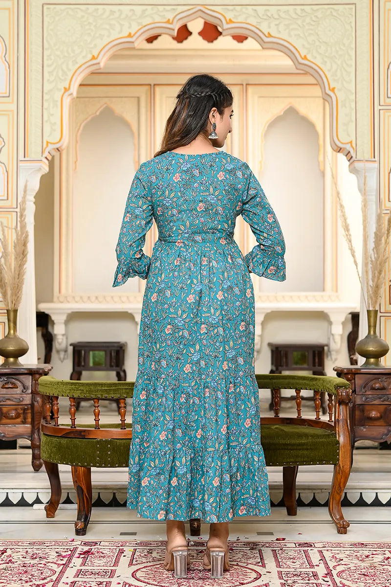 Dark Green Long Printed Tired Dress With Gather