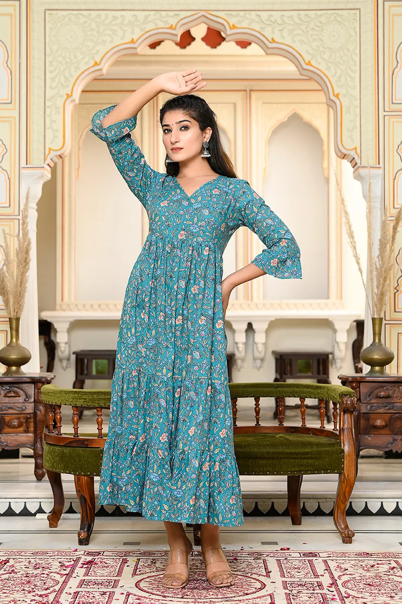 Dark Green Long Printed Tired Dress With Gather